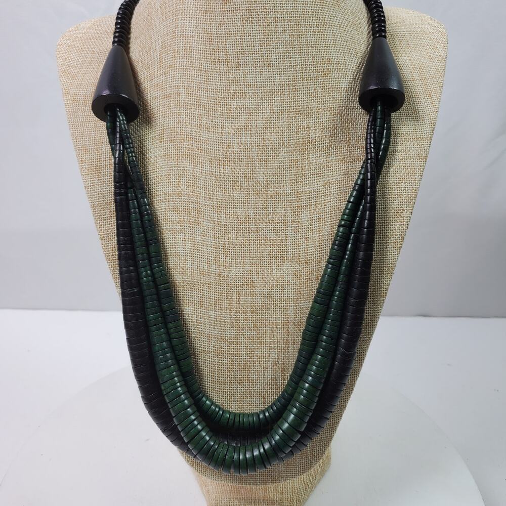 Vintage Tribal Necklace 27 Inch Black Green Multi Strand